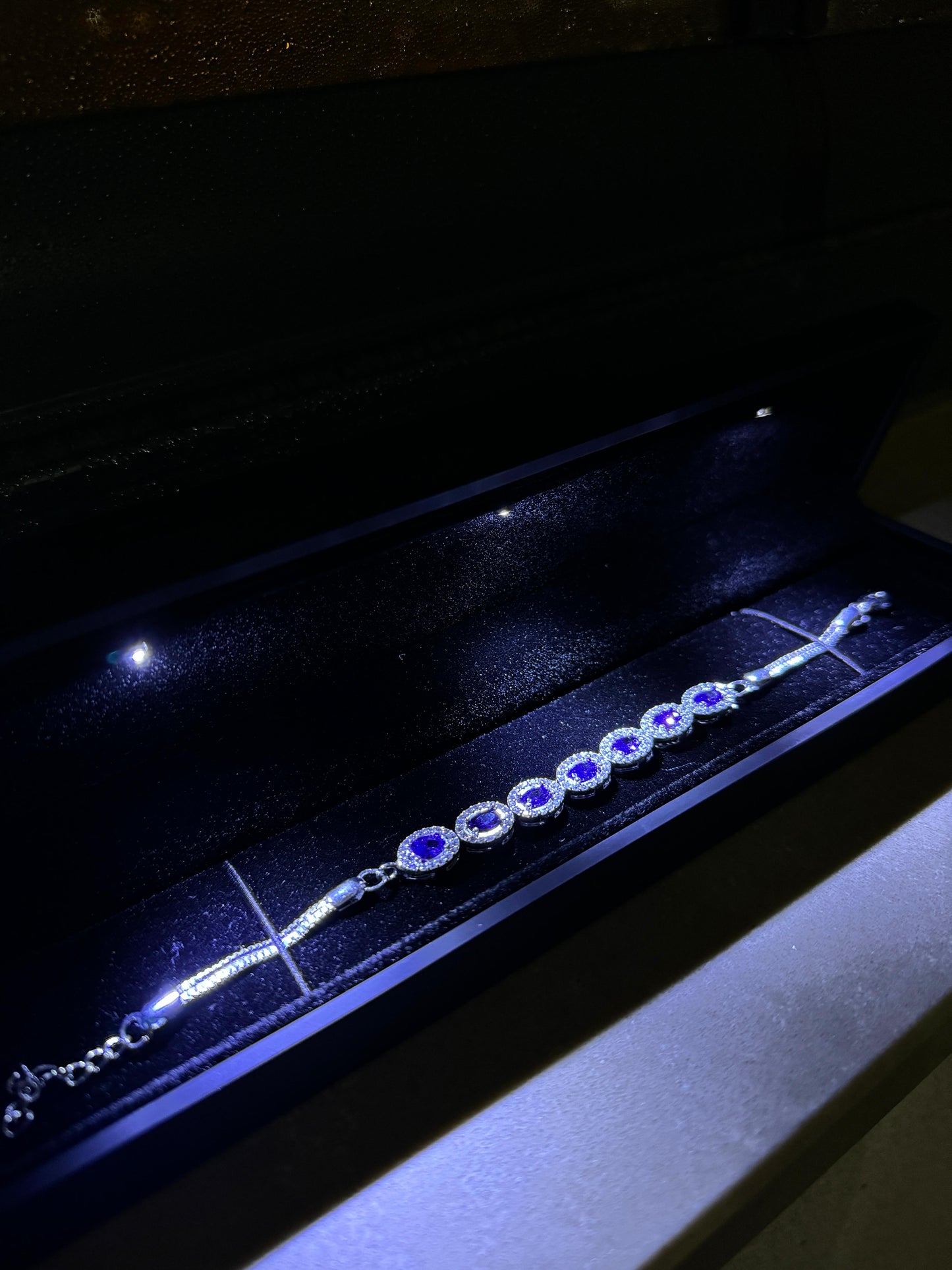 Women's Purple Tennis Bracelet with Amethyst Stones in Black Light-Up Box