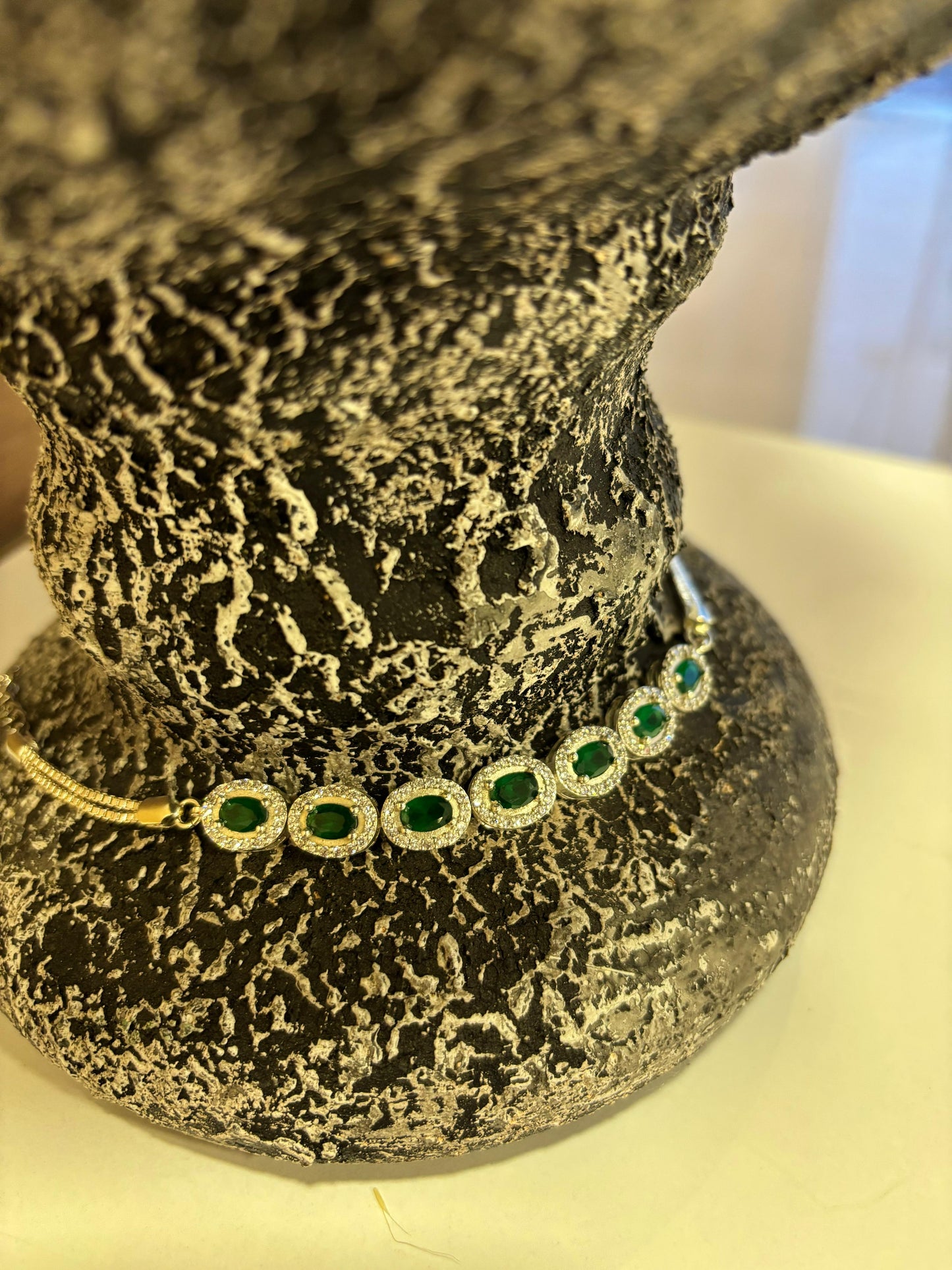 Women's Green Tennis Bracelet with Emerald Stones in Black Light-Up Box