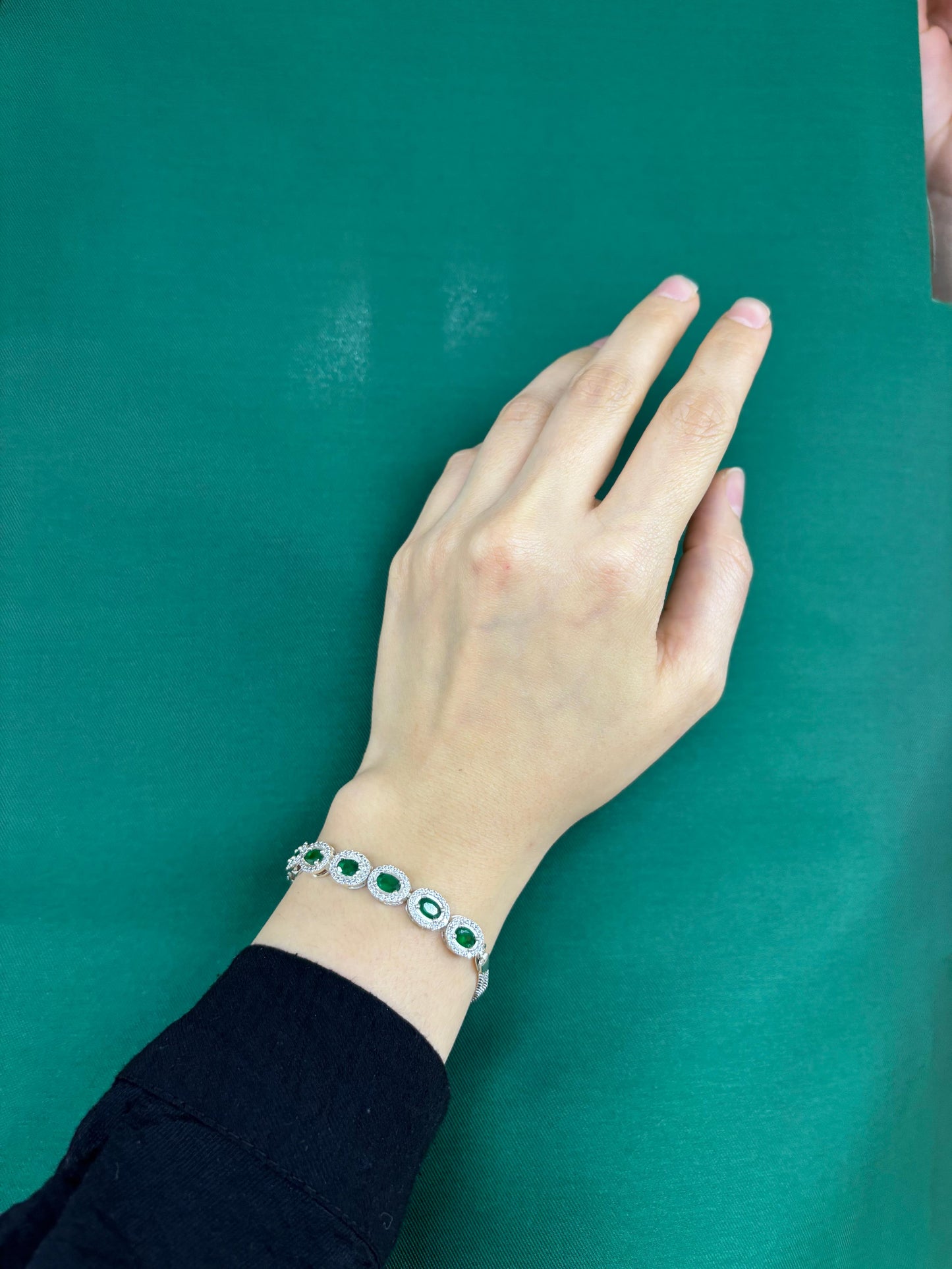 Women's Green Tennis Bracelet with Emerald Stones in Black Light-Up Box